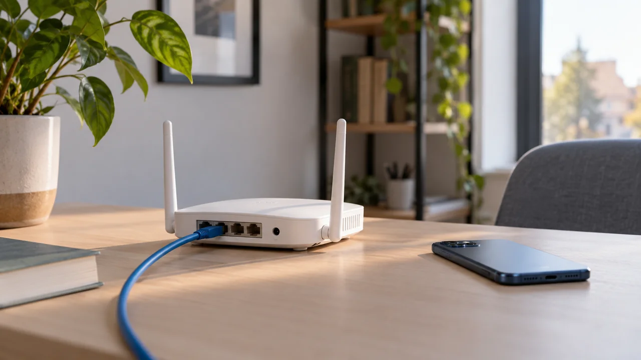 Router y teléfono en un espacio de trabajo doméstico
