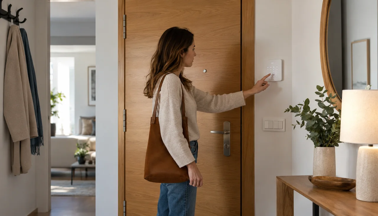 Control de alarma junto a la entrada de una vivienda